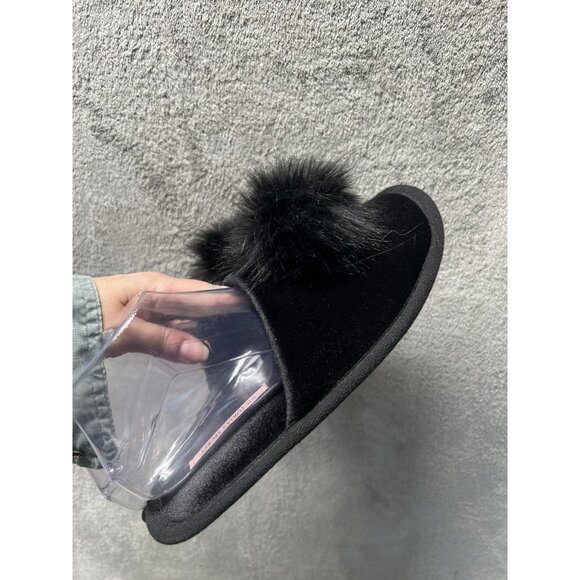 Victorias Secret Med Slippers Black Velour Pom Pom Slide Sandals 7 /8 Lingerie - Picture 3 of 8